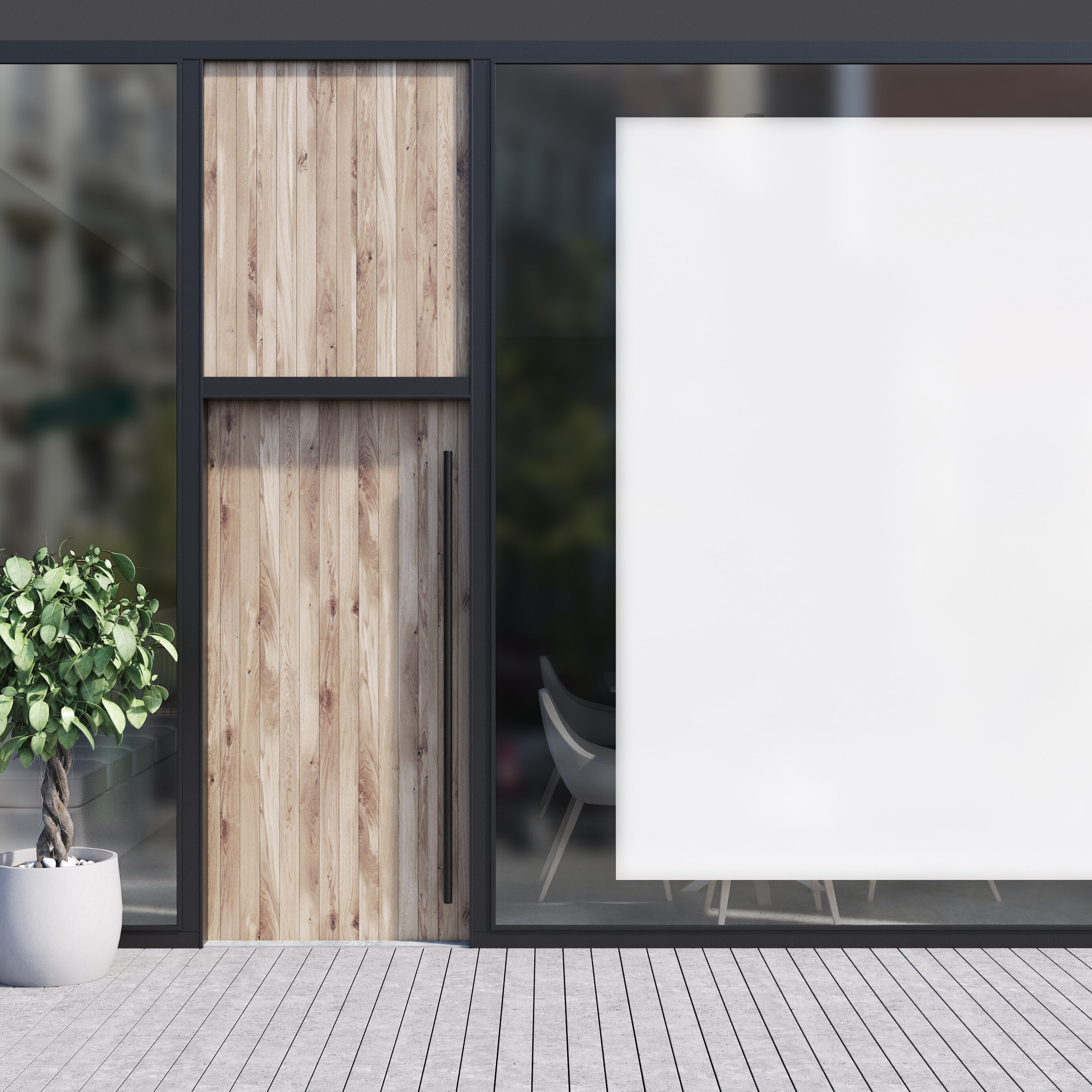 Modern cafe exterior with black walls, a wooden door, a huge vertical poster on a mirror like window and a potted tree near the entrance. 3d rendering mock up